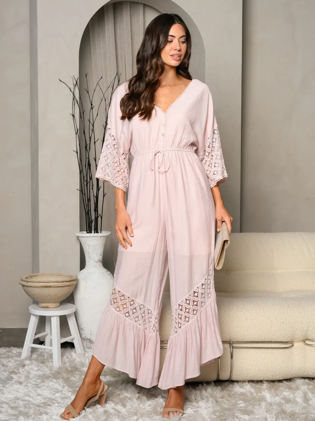 WOMEN'S BELL SLEEVES V-NECK PALAZZO JUMPSUIT
