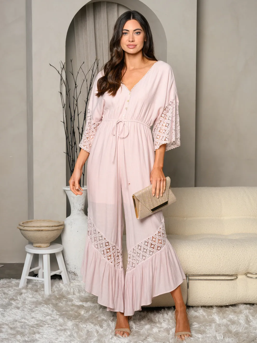 WOMEN'S BELL SLEEVES V-NECK PALAZZO JUMPSUIT