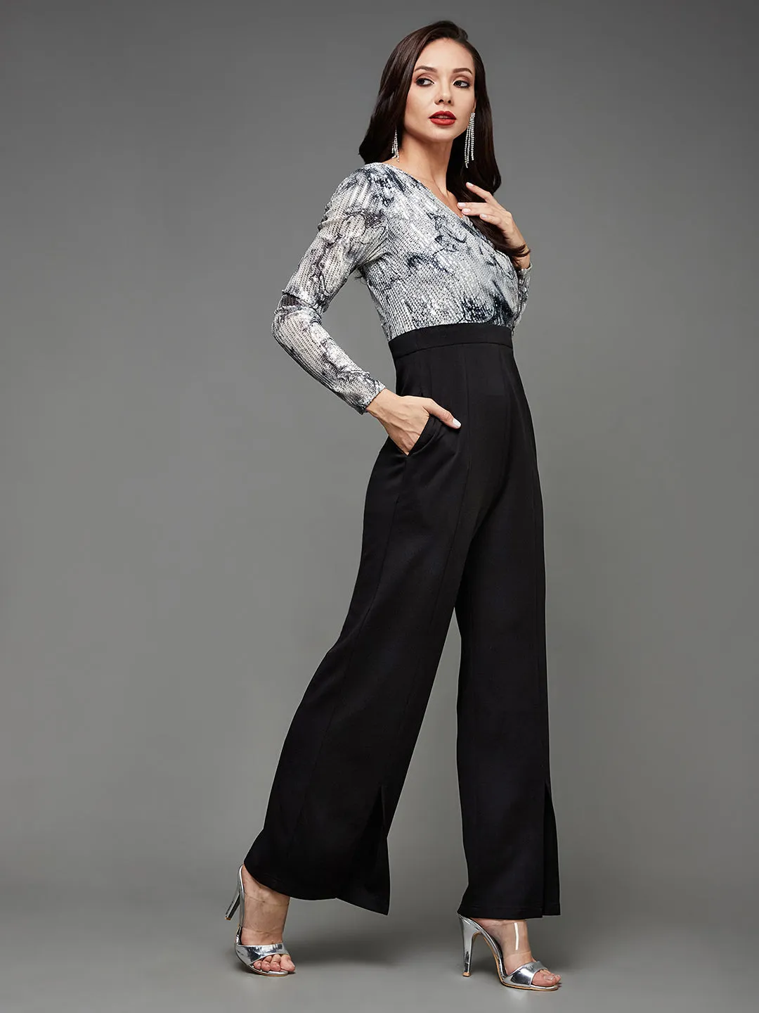 Women's Black & Silver Embellished V Neck Full Sleeves Side Pocketed Polyester Regular Length Jumpsuit