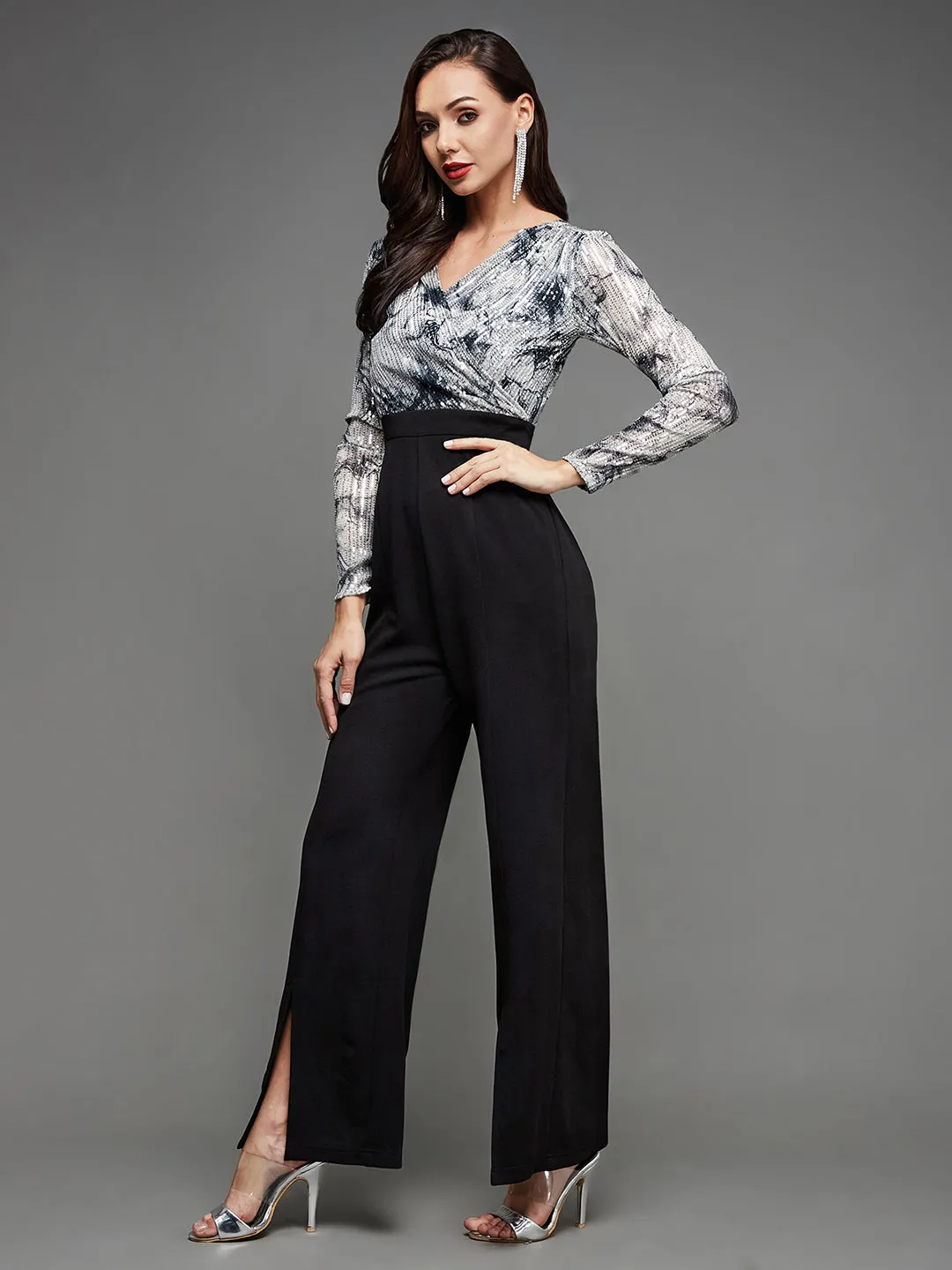 Women's Black & Silver Embellished V Neck Full Sleeves Side Pocketed Polyester Regular Length Jumpsuit