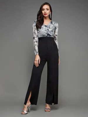 Women's Black & Silver Embellished V Neck Full Sleeves Side Pocketed Polyester Regular Length Jumpsuit