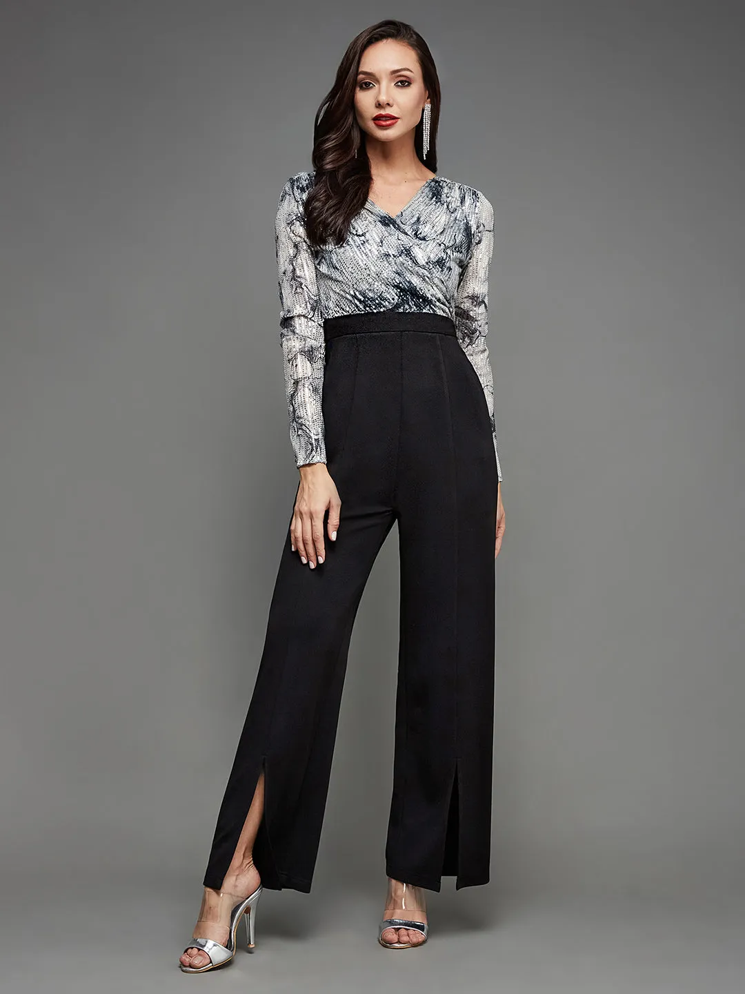 Women's Black & Silver Embellished V Neck Full Sleeves Side Pocketed Polyester Regular Length Jumpsuit