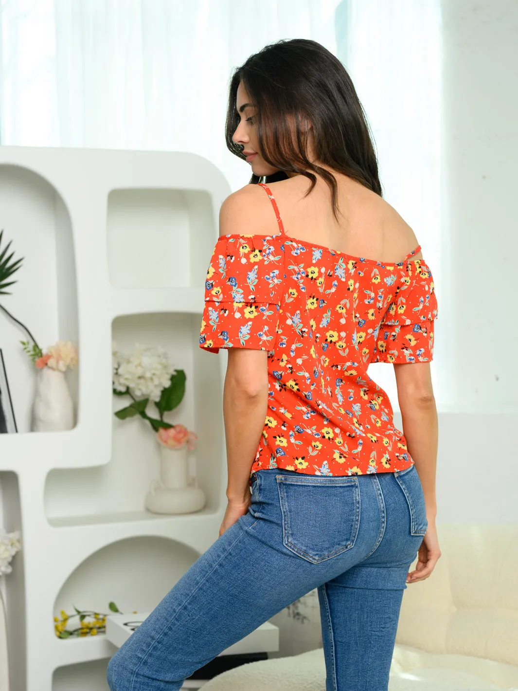 WOMEN'S COLD SHOULDER RUFFLE FLORAL TOP