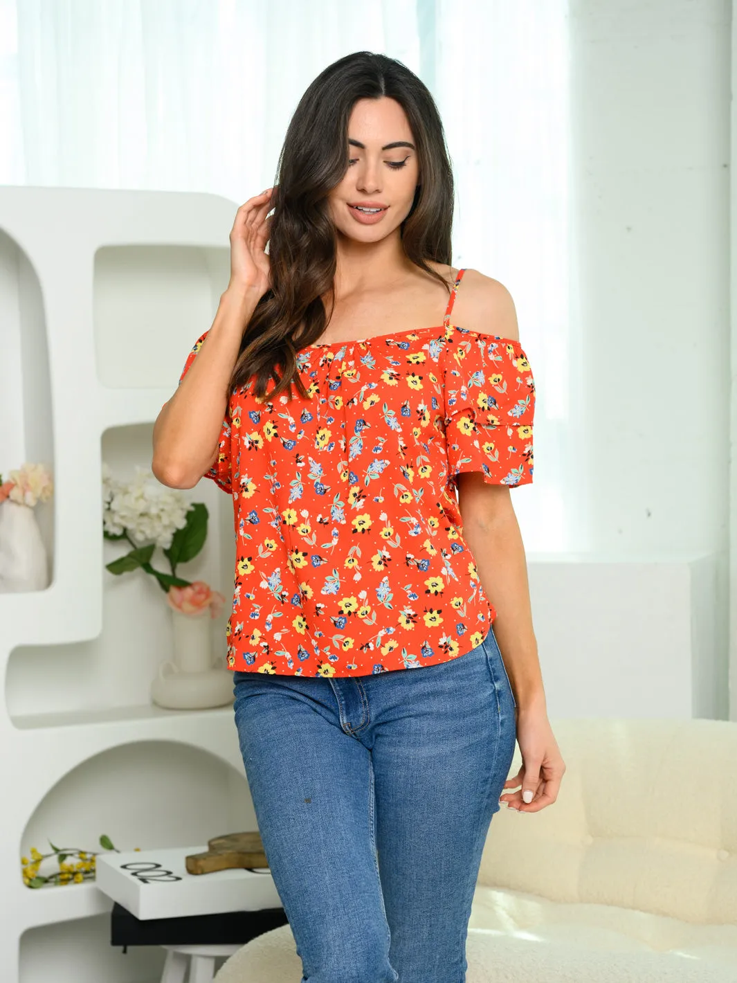 WOMEN'S COLD SHOULDER RUFFLE FLORAL TOP