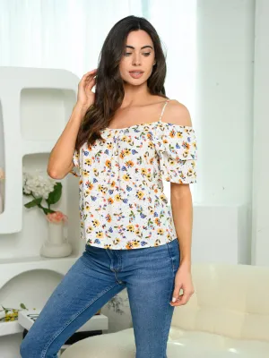 WOMEN'S COLD SHOULDER RUFFLE FLORAL TOP