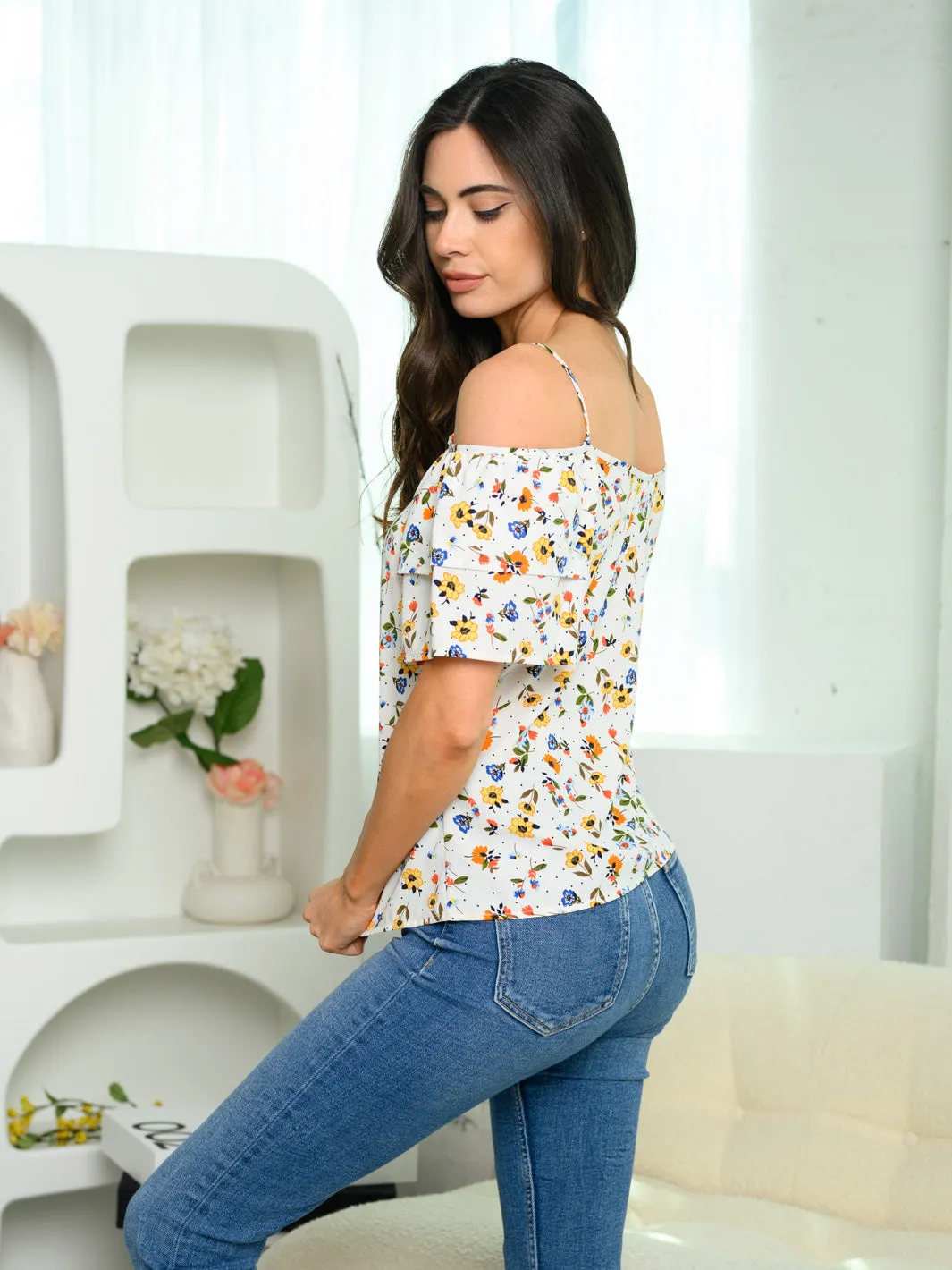 WOMEN'S COLD SHOULDER RUFFLE FLORAL TOP