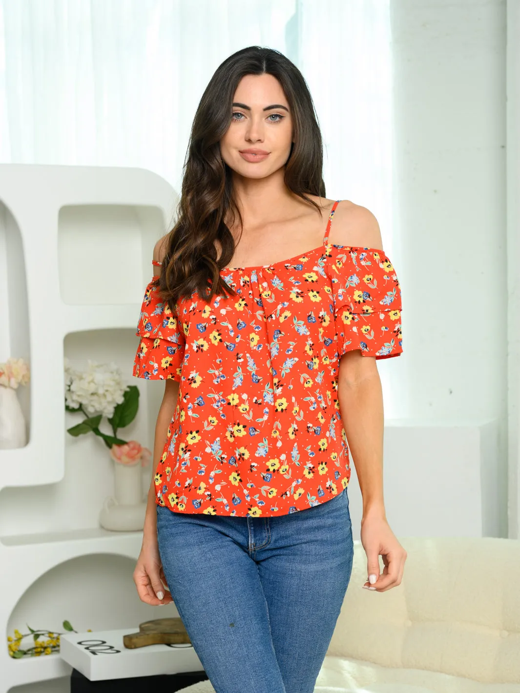 WOMEN'S COLD SHOULDER RUFFLE FLORAL TOP