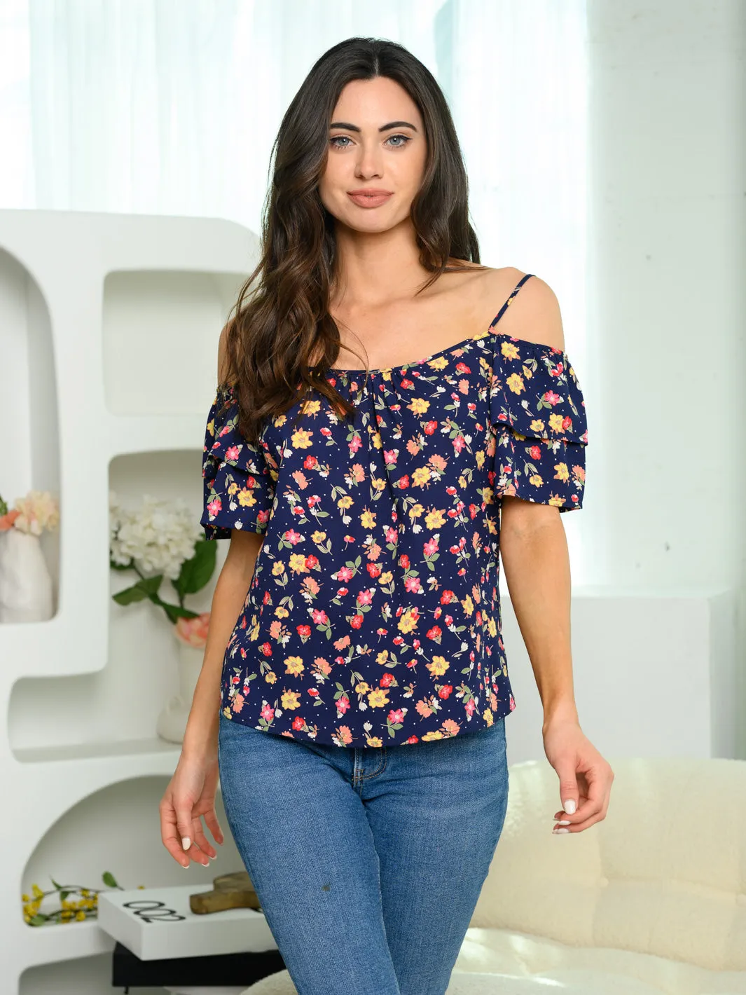 WOMEN'S COLD SHOULDER RUFFLE FLORAL TOP