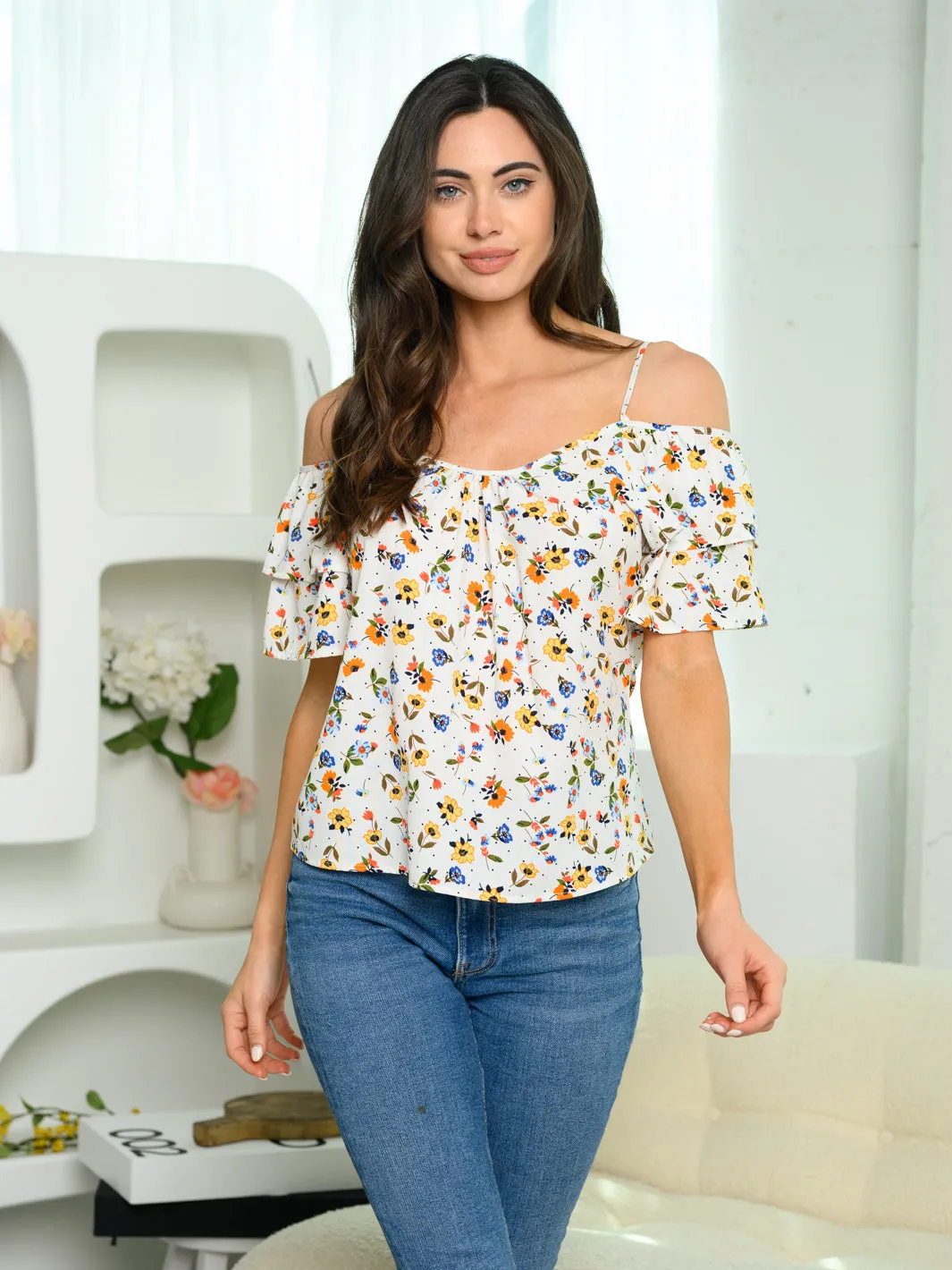 WOMEN'S COLD SHOULDER RUFFLE FLORAL TOP