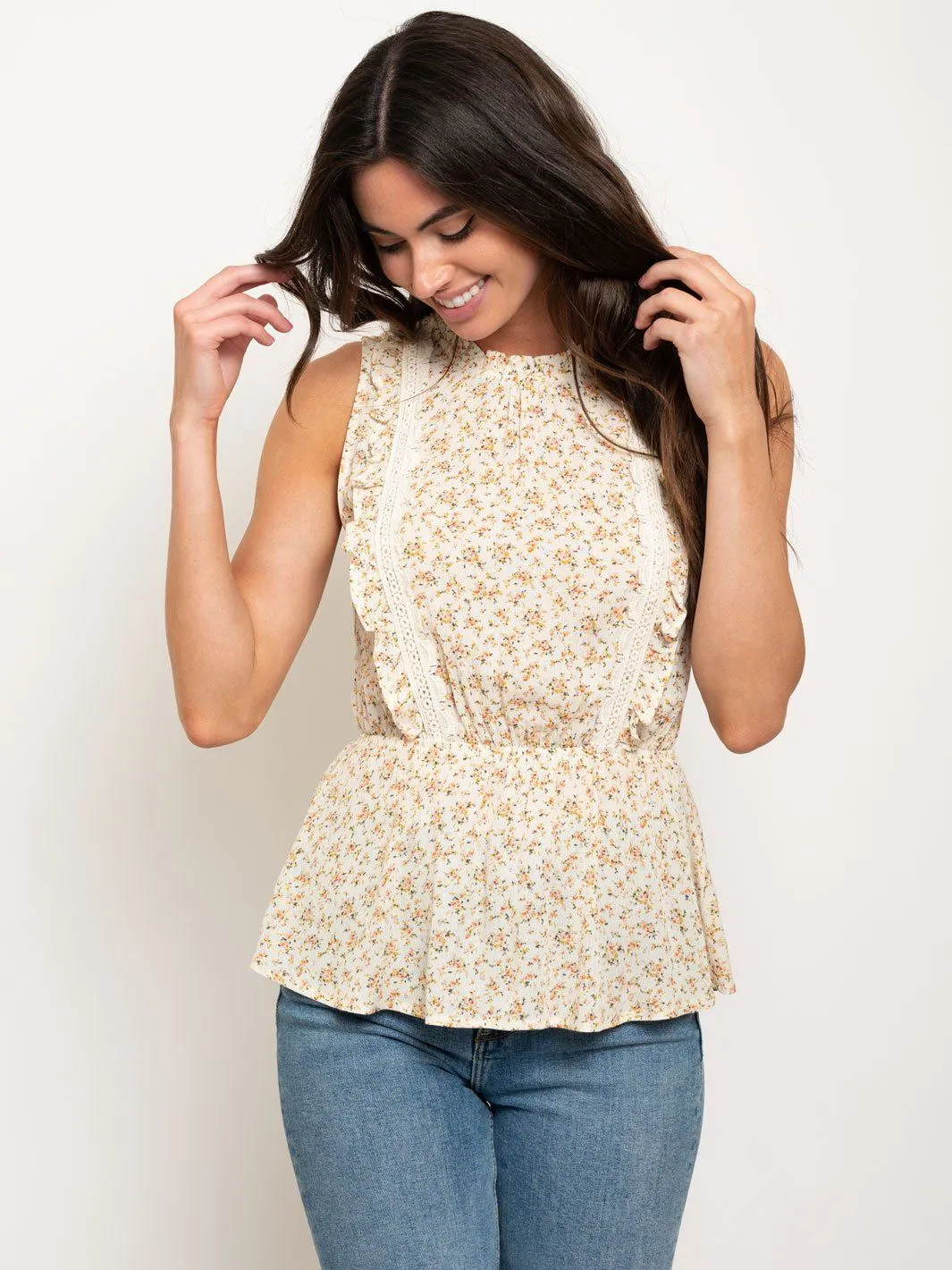 WOMEN'S CROCHET TRIM DITZY FLORAL TOP