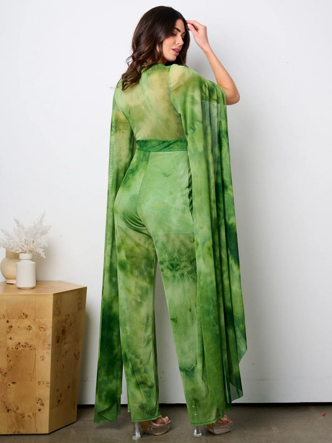 WOMEN'S LONG BELL SLEEVE V-NECK WIDE LEG TIE DYE JUMPSUIT