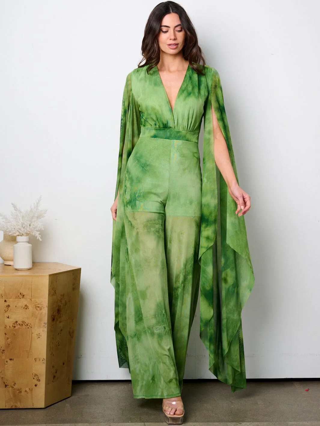 WOMEN'S LONG BELL SLEEVE V-NECK WIDE LEG TIE DYE JUMPSUIT