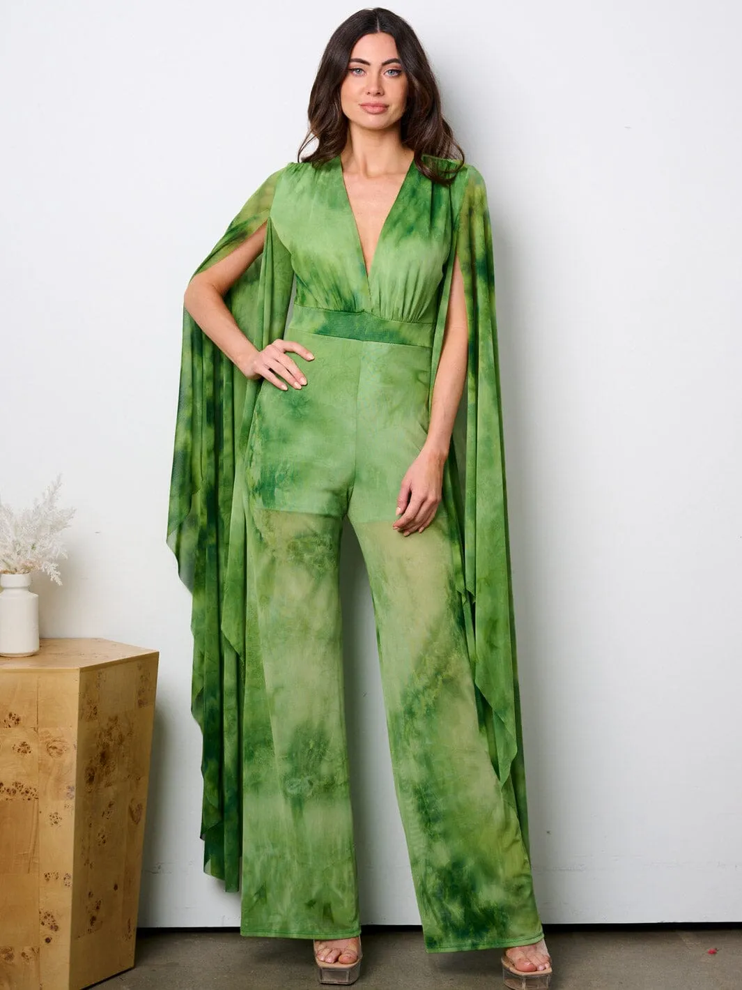 WOMEN'S LONG BELL SLEEVE V-NECK WIDE LEG TIE DYE JUMPSUIT