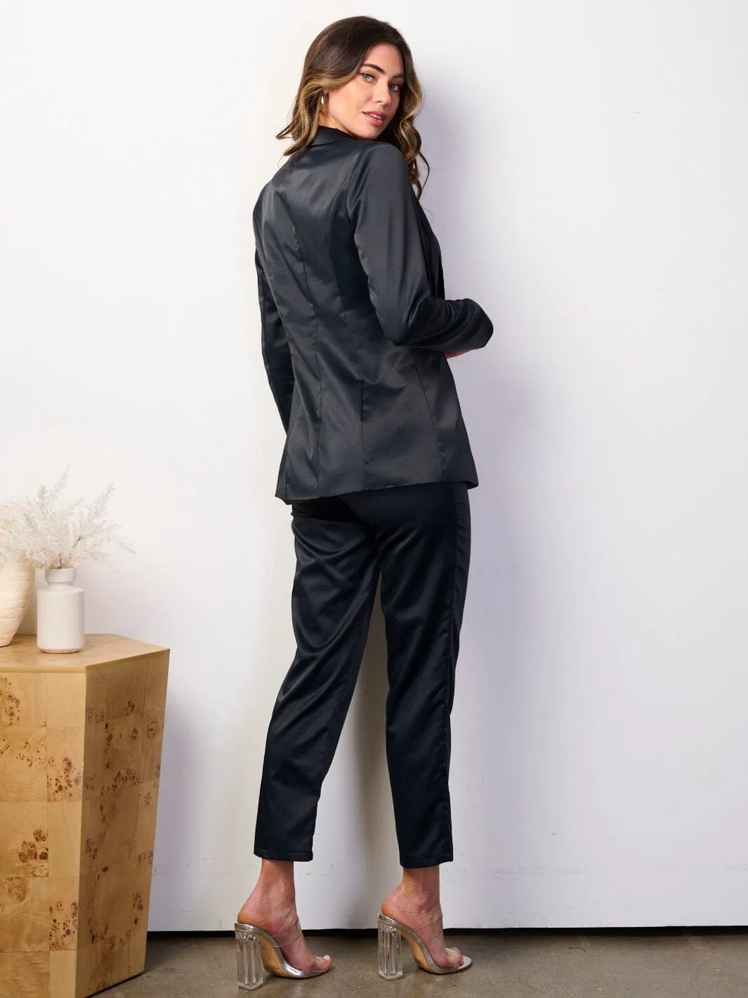 WOMEN'S LONG SLEEVE BLAZER & WIDE LEG PANTS SATIN 2PCS SET