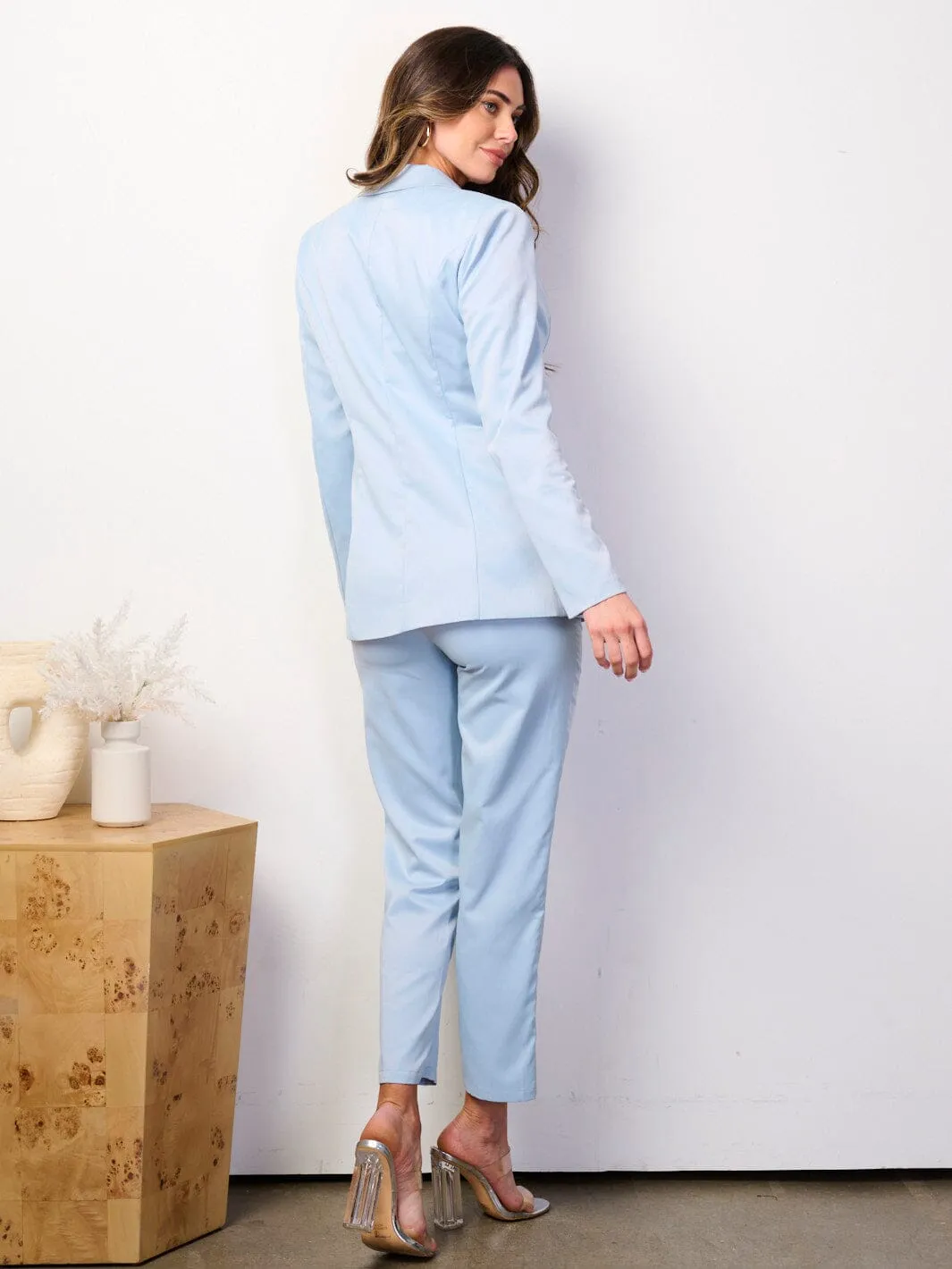 WOMEN'S LONG SLEEVE BLAZER & WIDE LEG PANTS SATIN 2PCS SET