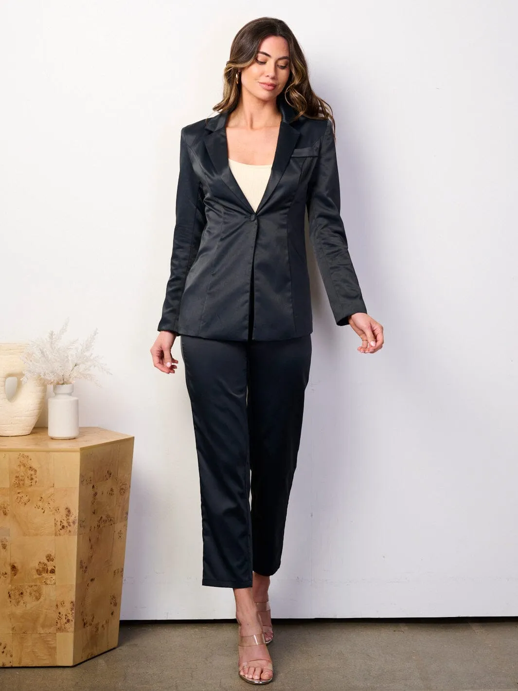 WOMEN'S LONG SLEEVE BLAZER & WIDE LEG PANTS SATIN 2PCS SET