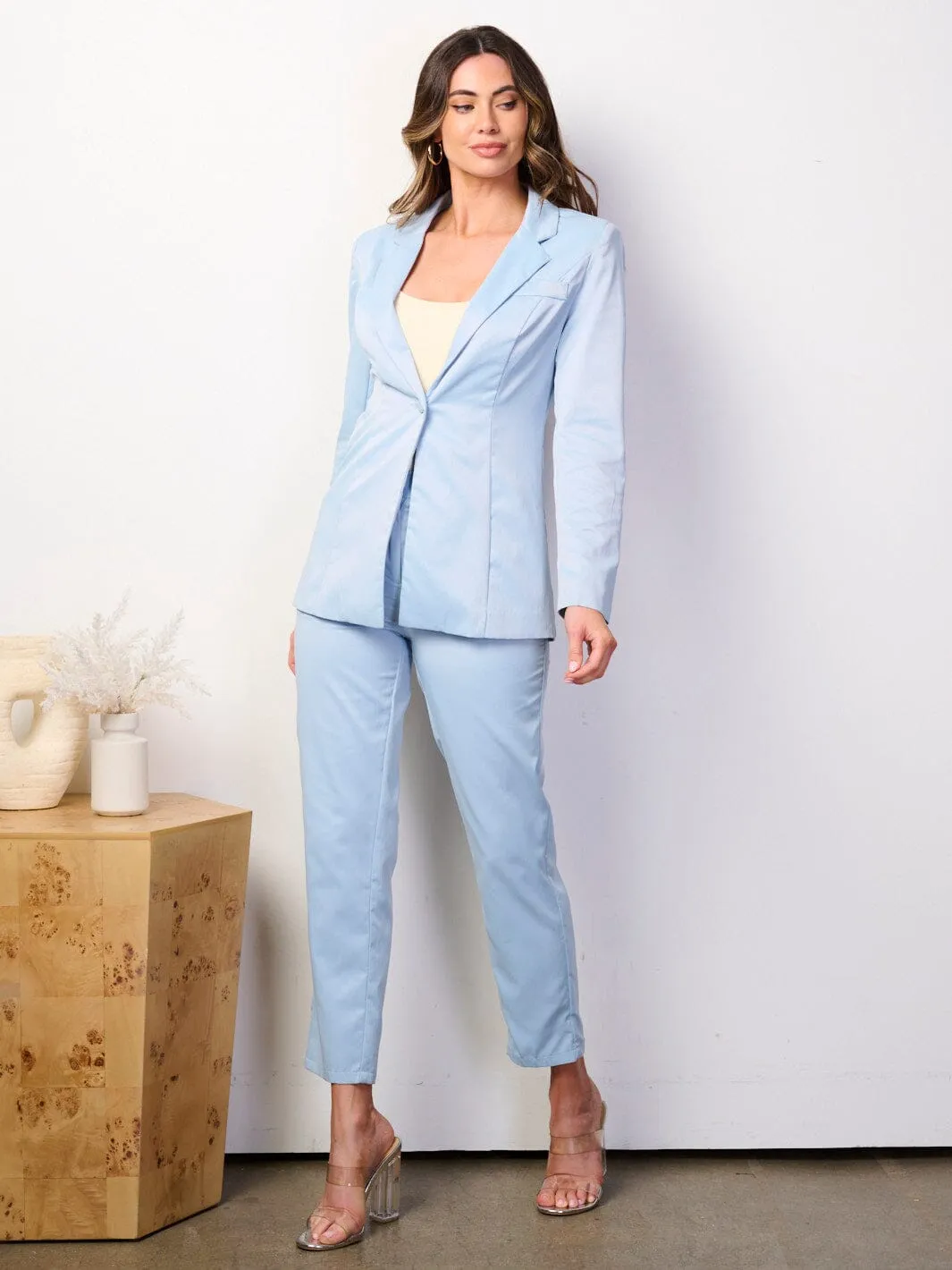 WOMEN'S LONG SLEEVE BLAZER & WIDE LEG PANTS SATIN 2PCS SET