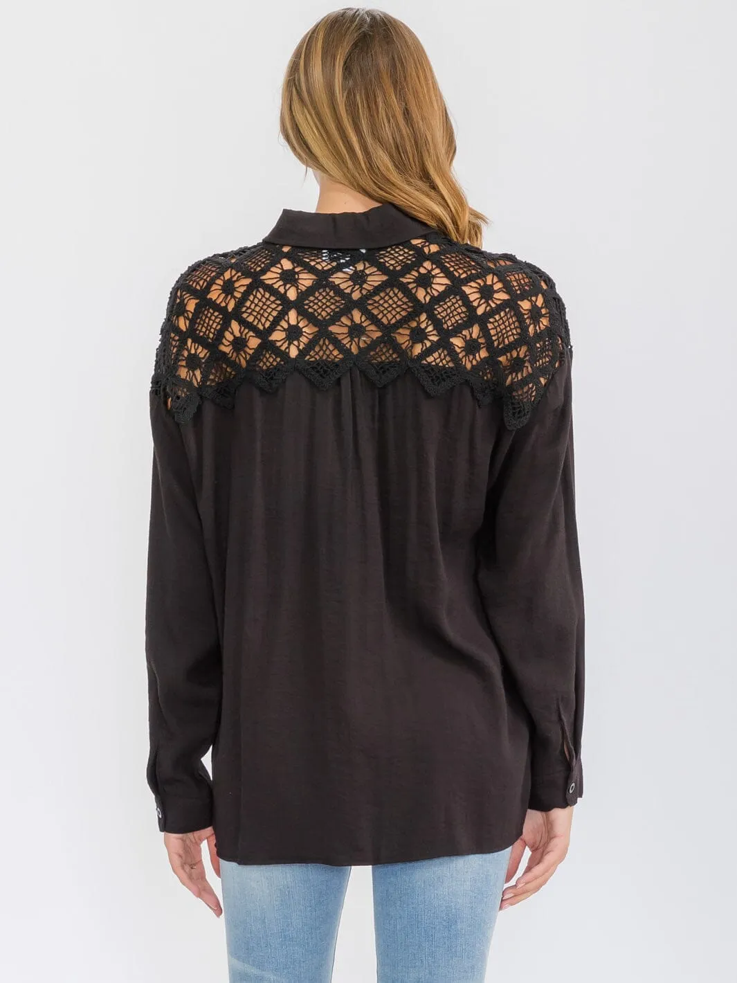 WOMEN'S LONG SLEEVE BUTTON UP LACE CROCHET DETAILED TOP