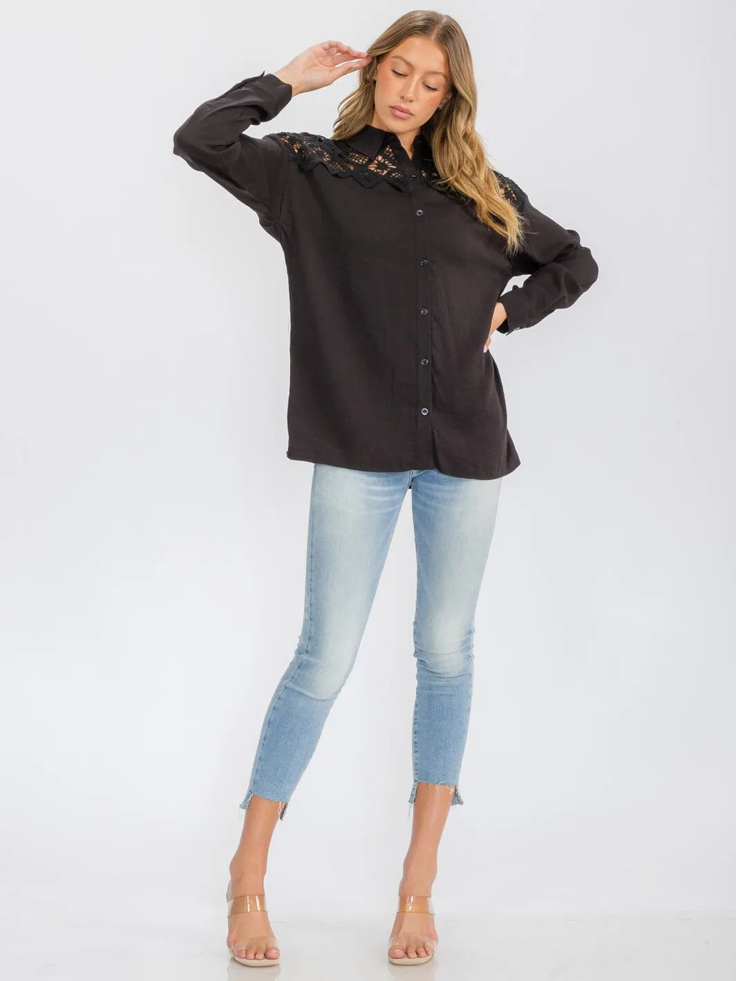 WOMEN'S LONG SLEEVE BUTTON UP LACE CROCHET DETAILED TOP