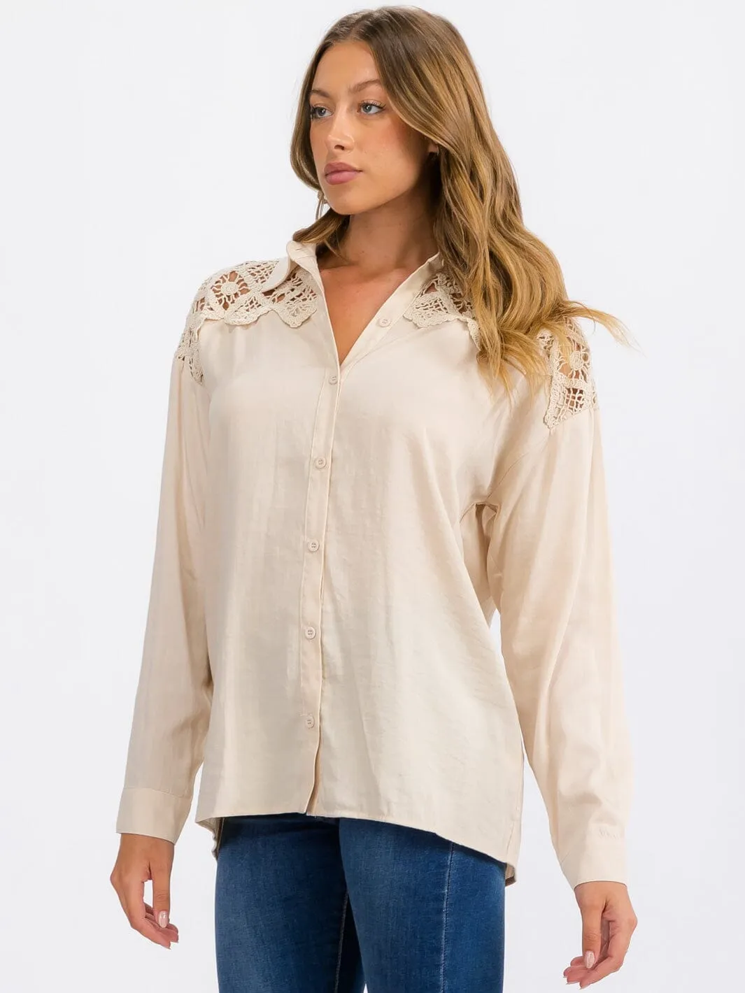 WOMEN'S LONG SLEEVE BUTTON UP LACE CROCHET DETAILED TOP