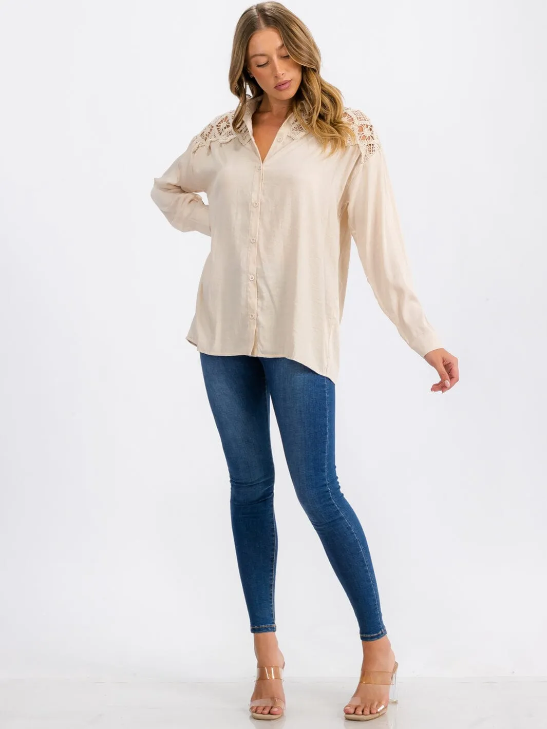 WOMEN'S LONG SLEEVE BUTTON UP LACE CROCHET DETAILED TOP