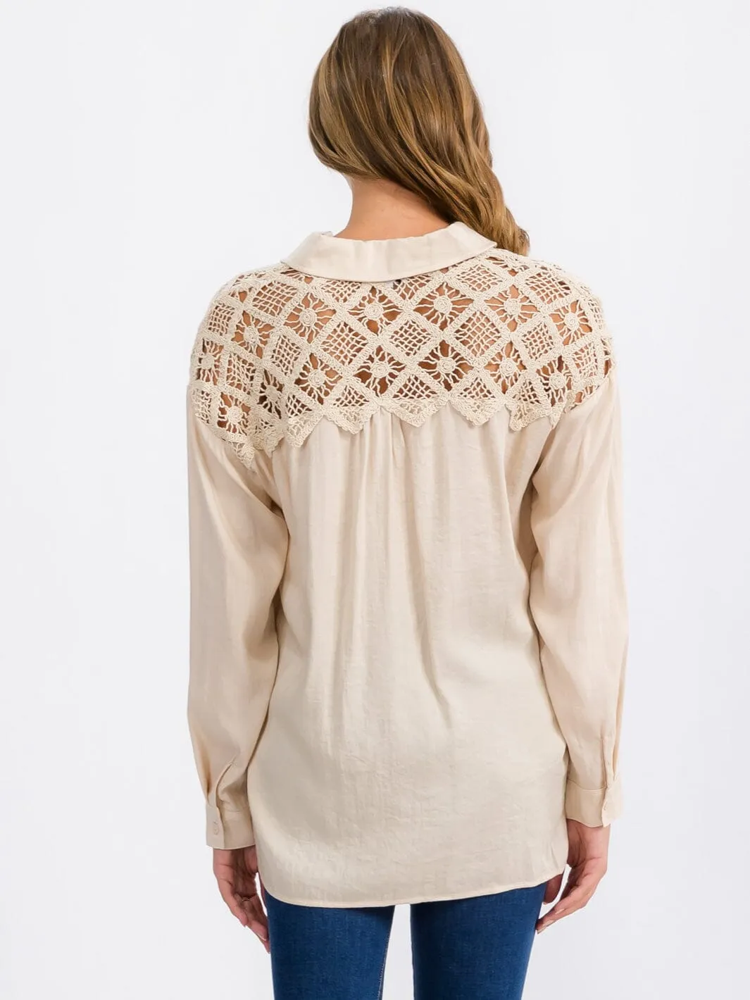 WOMEN'S LONG SLEEVE BUTTON UP LACE CROCHET DETAILED TOP