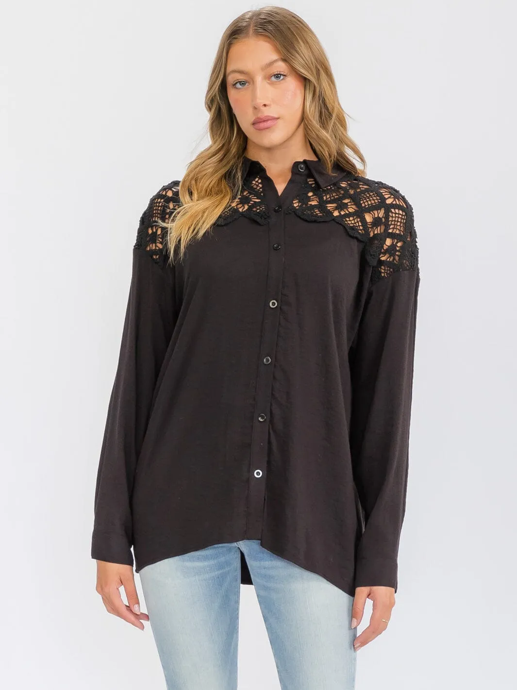 WOMEN'S LONG SLEEVE BUTTON UP LACE CROCHET DETAILED TOP