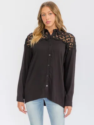 WOMEN'S LONG SLEEVE BUTTON UP LACE CROCHET DETAILED TOP