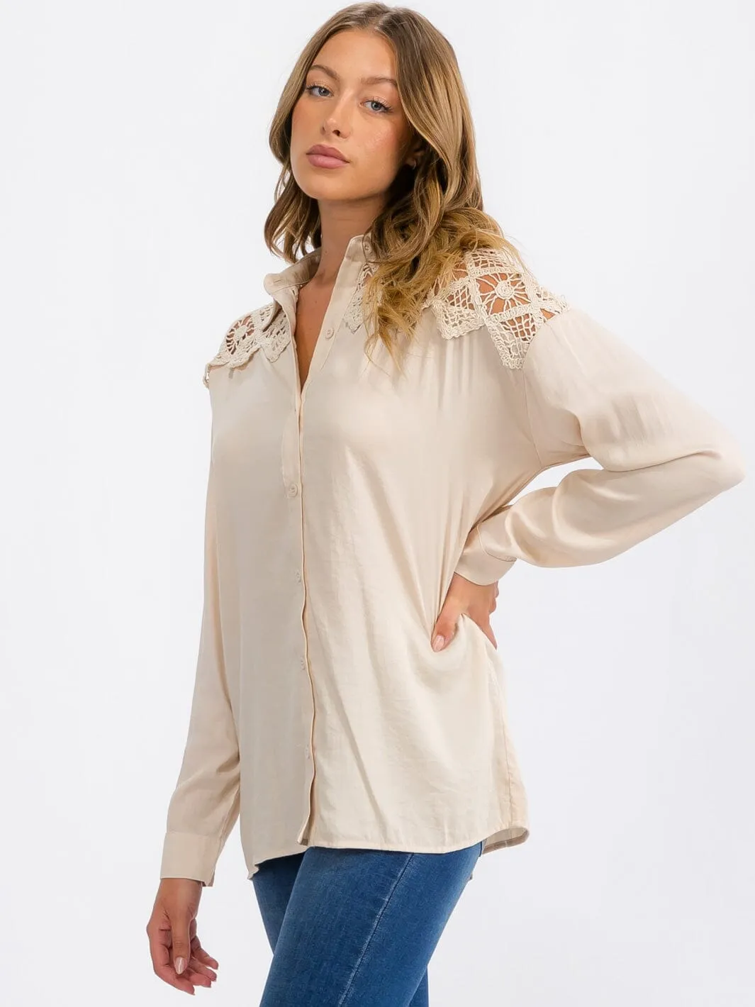 WOMEN'S LONG SLEEVE BUTTON UP LACE CROCHET DETAILED TOP