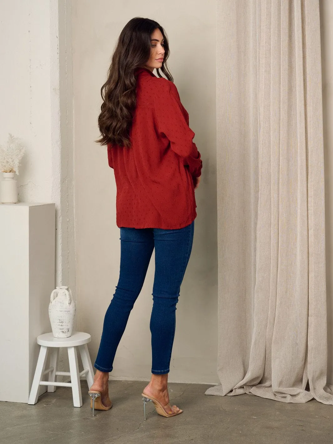 WOMEN'S LONG SLEEVE BUTTON UP SWISS DOTS TOP