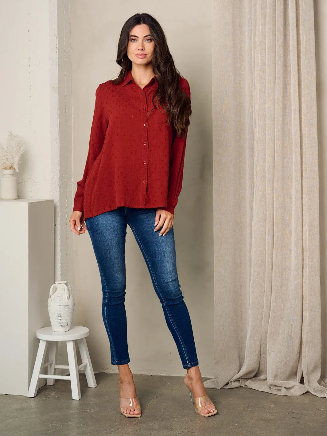 WOMEN'S LONG SLEEVE BUTTON UP SWISS DOTS TOP
