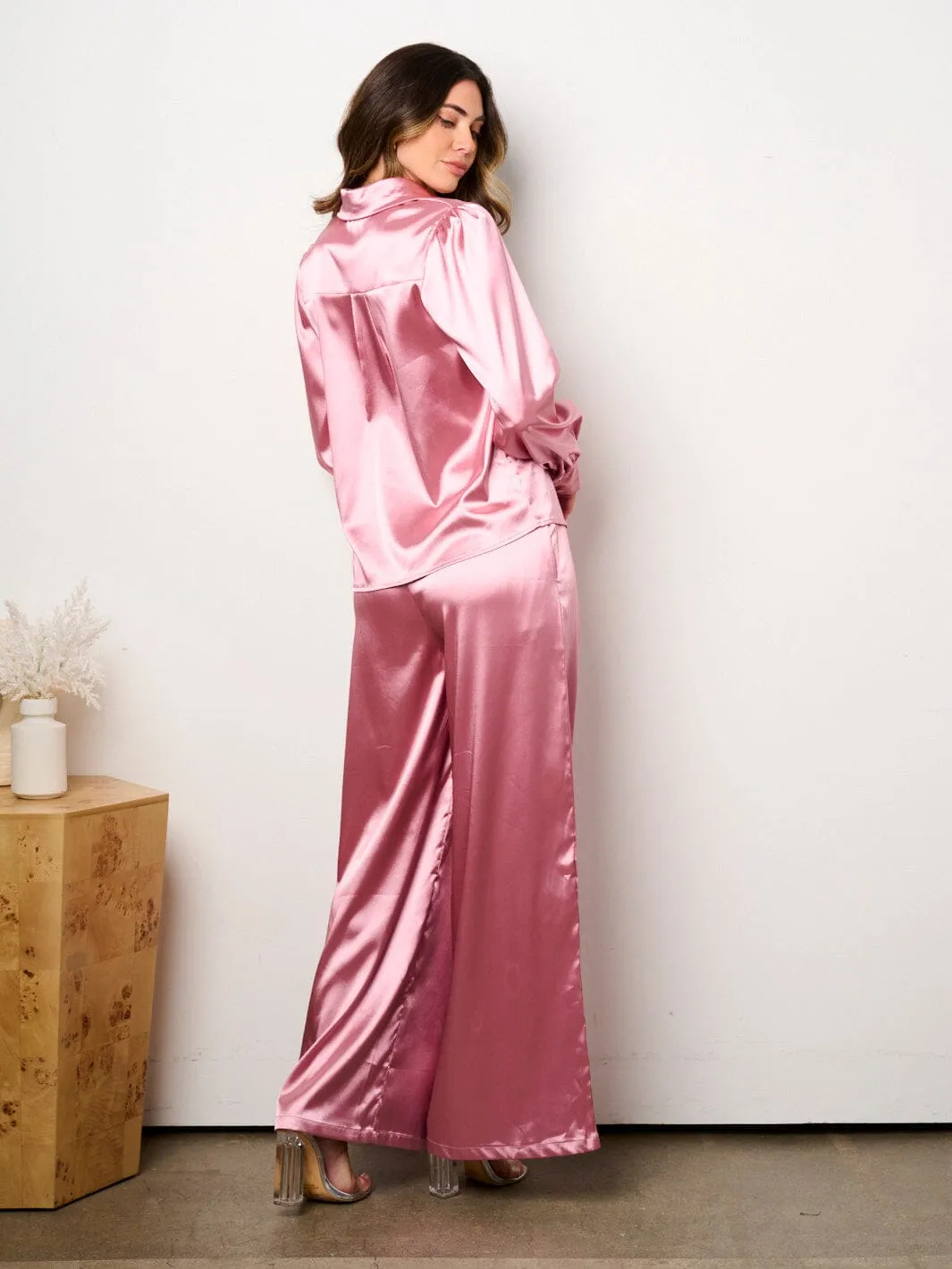 WOMEN'S LONG SLEEVE BUTTON UP TOP & WIDE LEG PANTS SATIN 2PC. SET