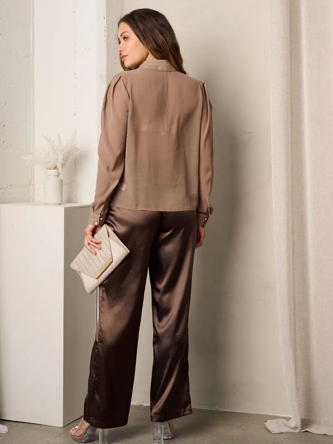 WOMEN'S LONG SLEEVE TOP & PANTS SATIN SET