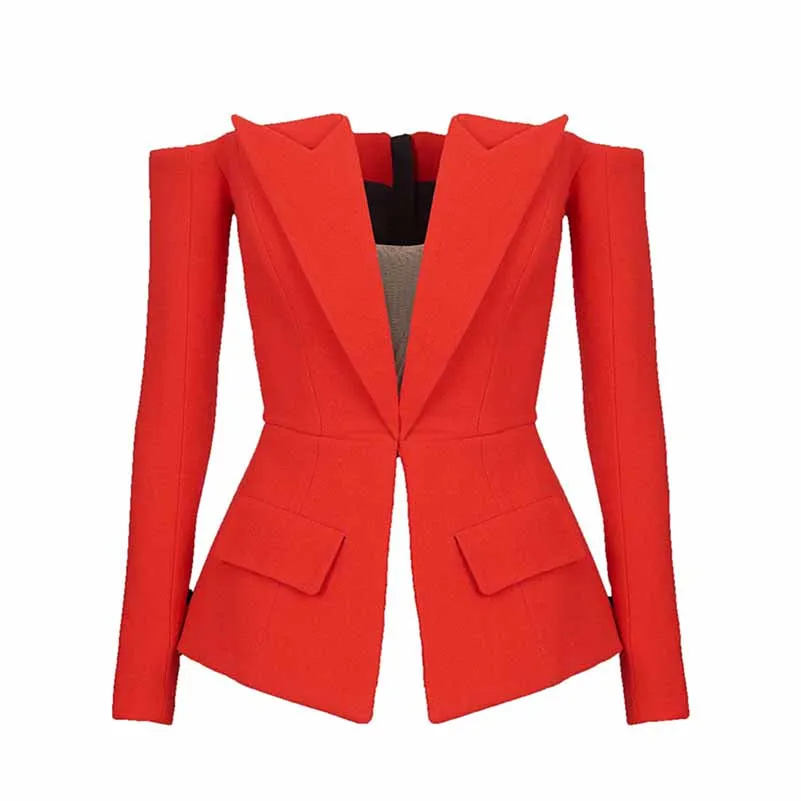 Women's Off Shoulder V-Neck Blazer in Red