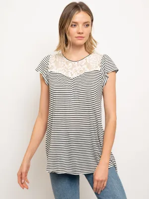 WOMEN'S PIN STRIPES TUNIC ROUND NECK RUFFLE SLEEVE LACE TRIM TOP