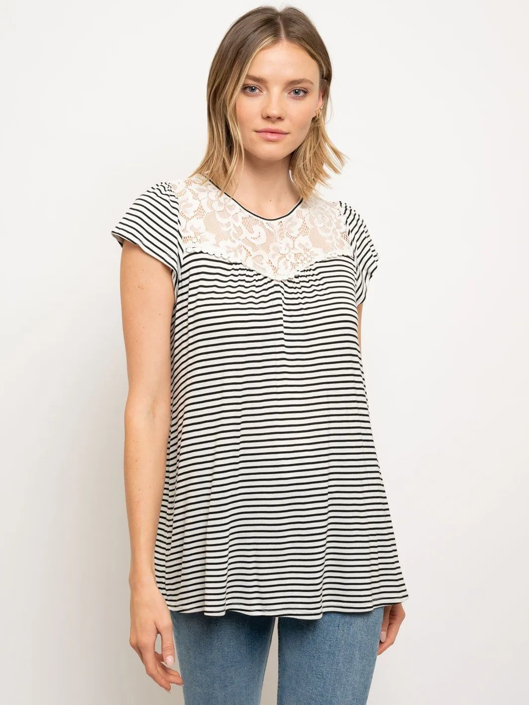 WOMEN'S PIN STRIPES TUNIC ROUND NECK RUFFLE SLEEVE LACE TRIM TOP