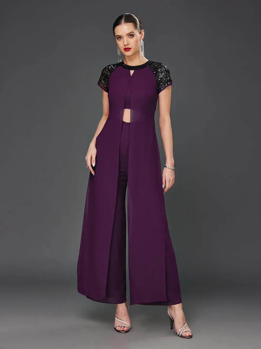 Women's Purple Solid Round-Neck Raglan-Short Sleeves Sequin Panel Layered Embellished Polyester Jumpsuit