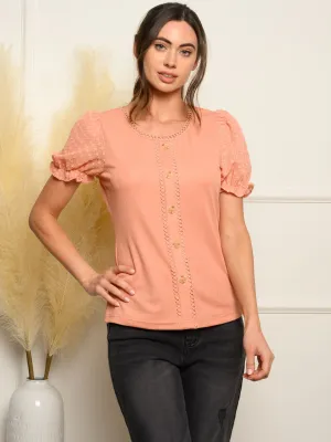 WOMEN'S ROUND NECK LACE TRIM SHORT PUFF SLEEVE TOP