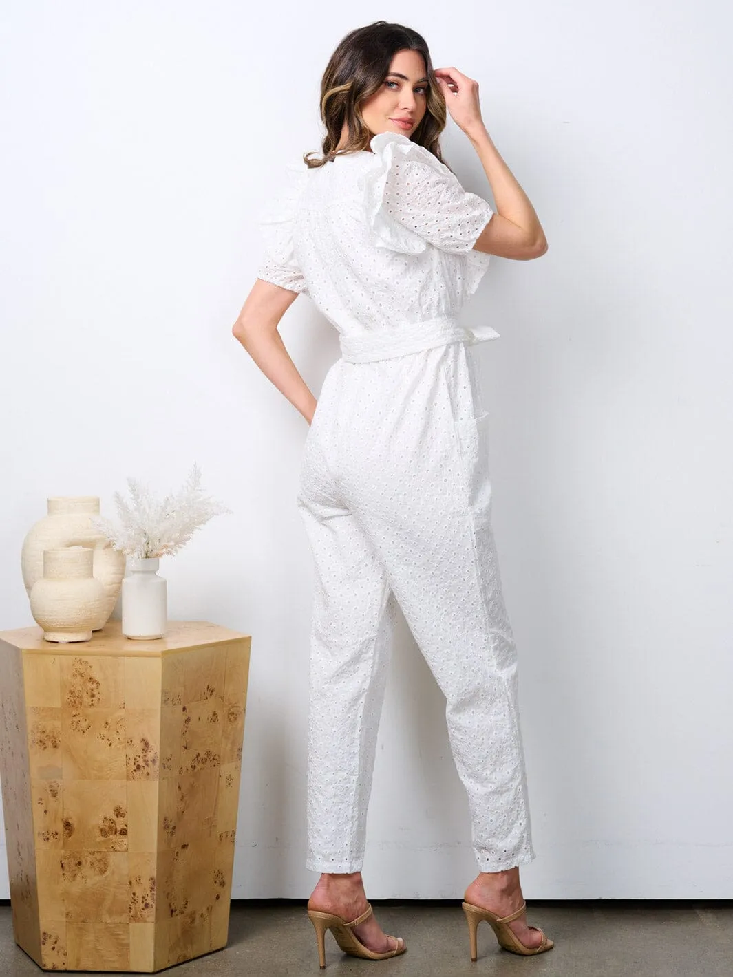 WOMEN'S SHORT PUFF SLEEVE POCKETS EYELET DETAILED WIDE LEG JUMPSUIT