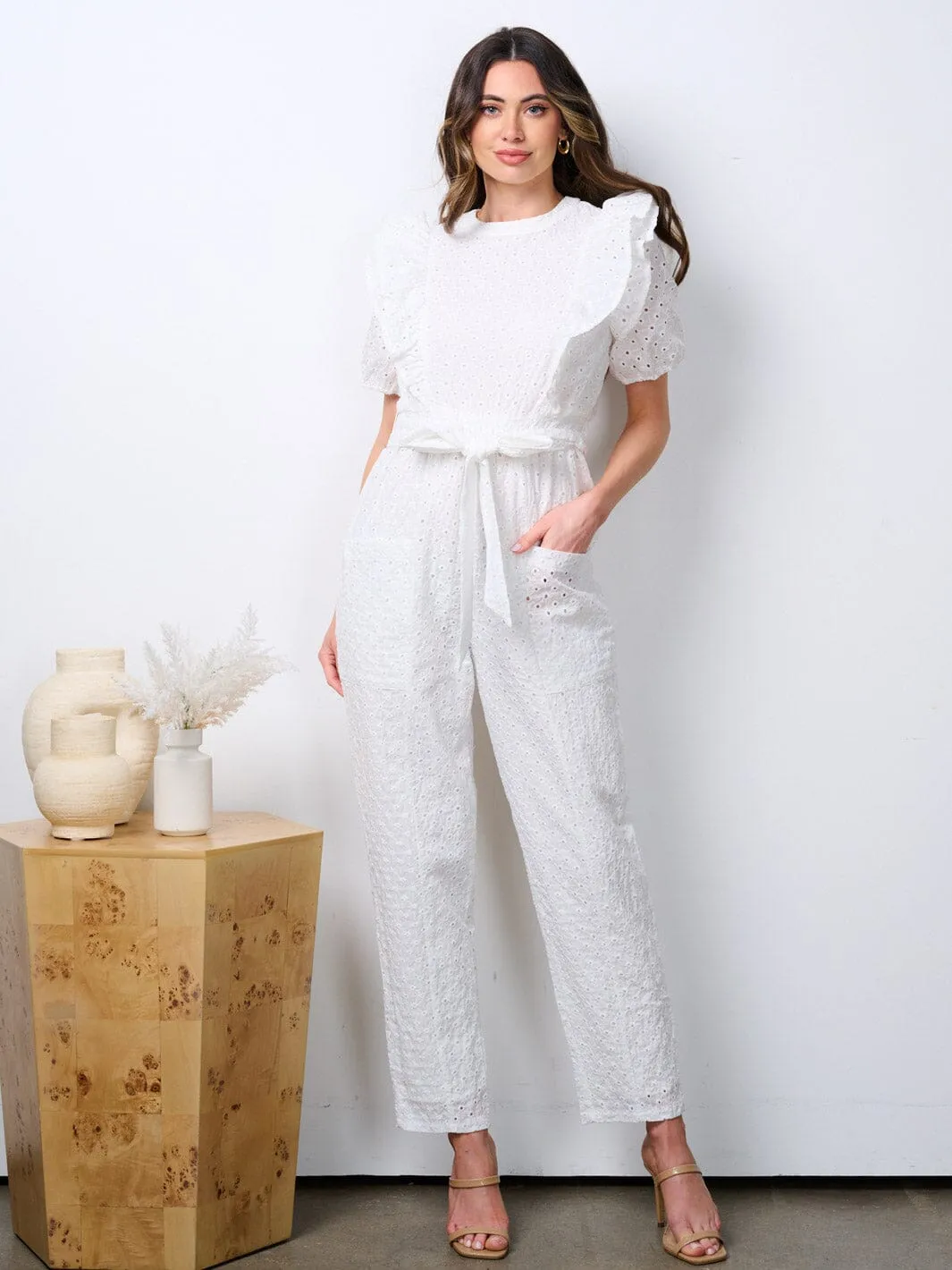 WOMEN'S SHORT PUFF SLEEVE POCKETS EYELET DETAILED WIDE LEG JUMPSUIT