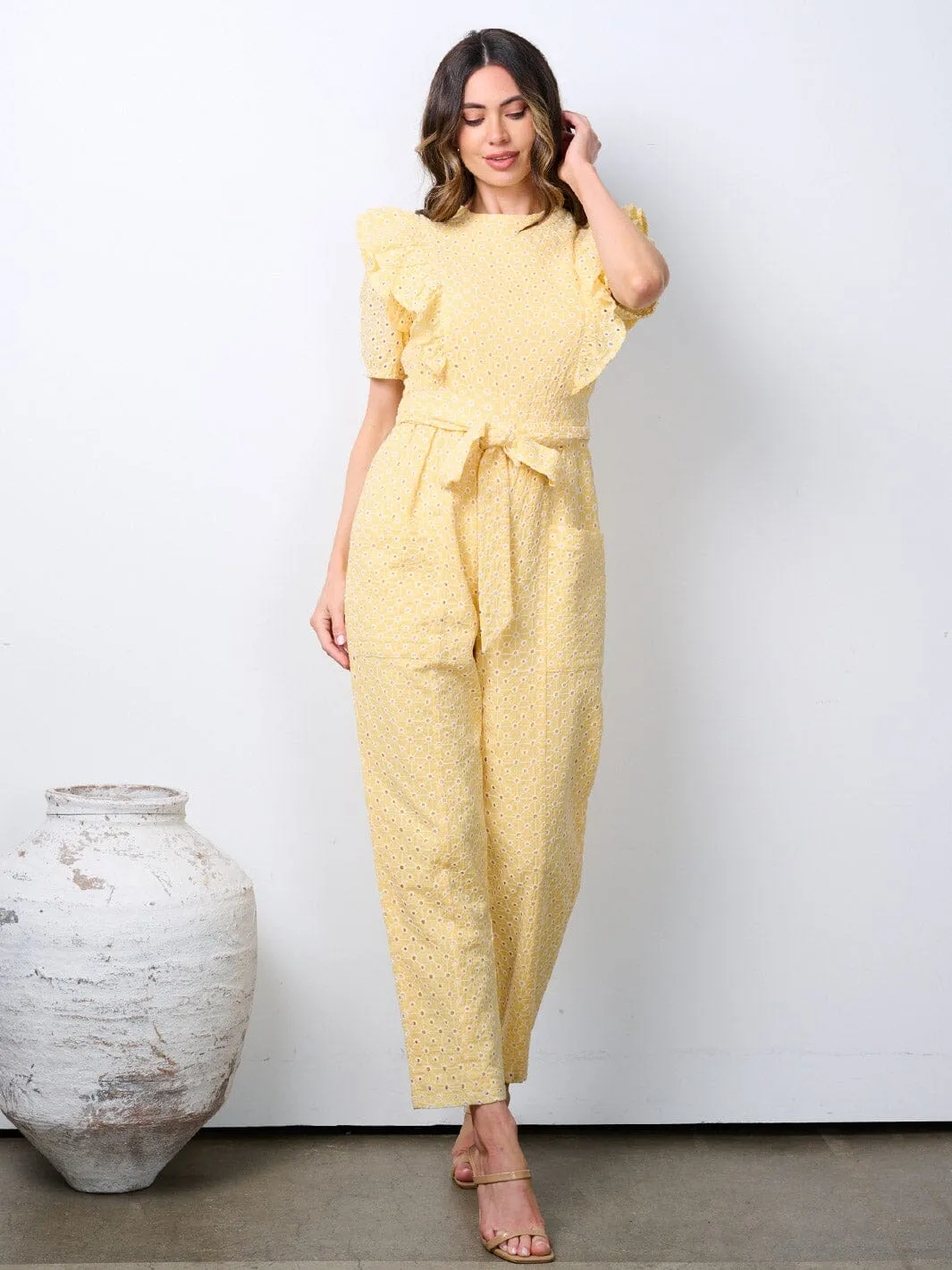 WOMEN'S SHORT PUFF SLEEVE POCKETS EYELET DETAILED WIDE LEG JUMPSUIT