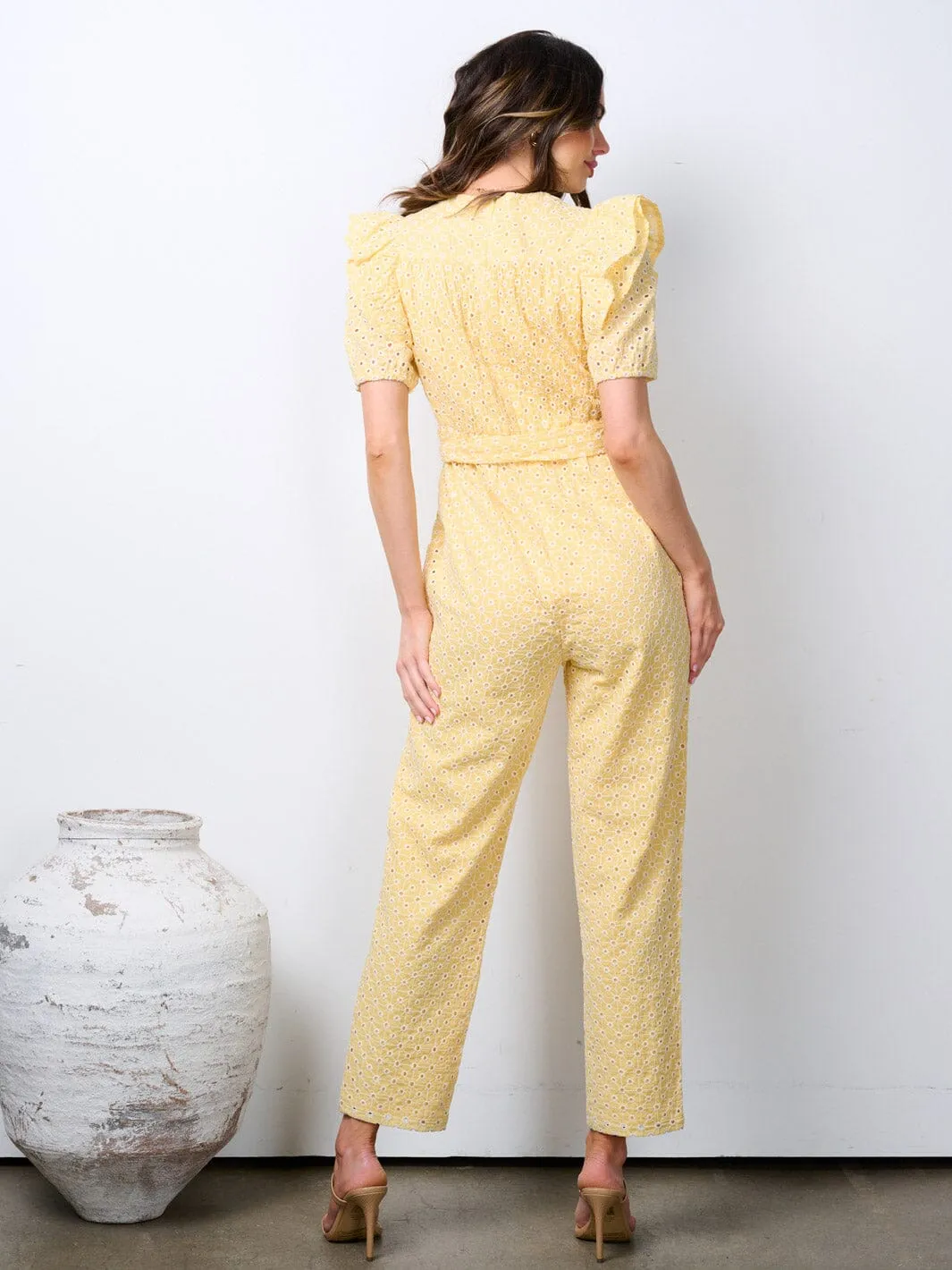 WOMEN'S SHORT PUFF SLEEVE POCKETS EYELET DETAILED WIDE LEG JUMPSUIT