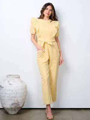 WOMEN'S SHORT PUFF SLEEVE POCKETS EYELET DETAILED WIDE LEG JUMPSUIT
