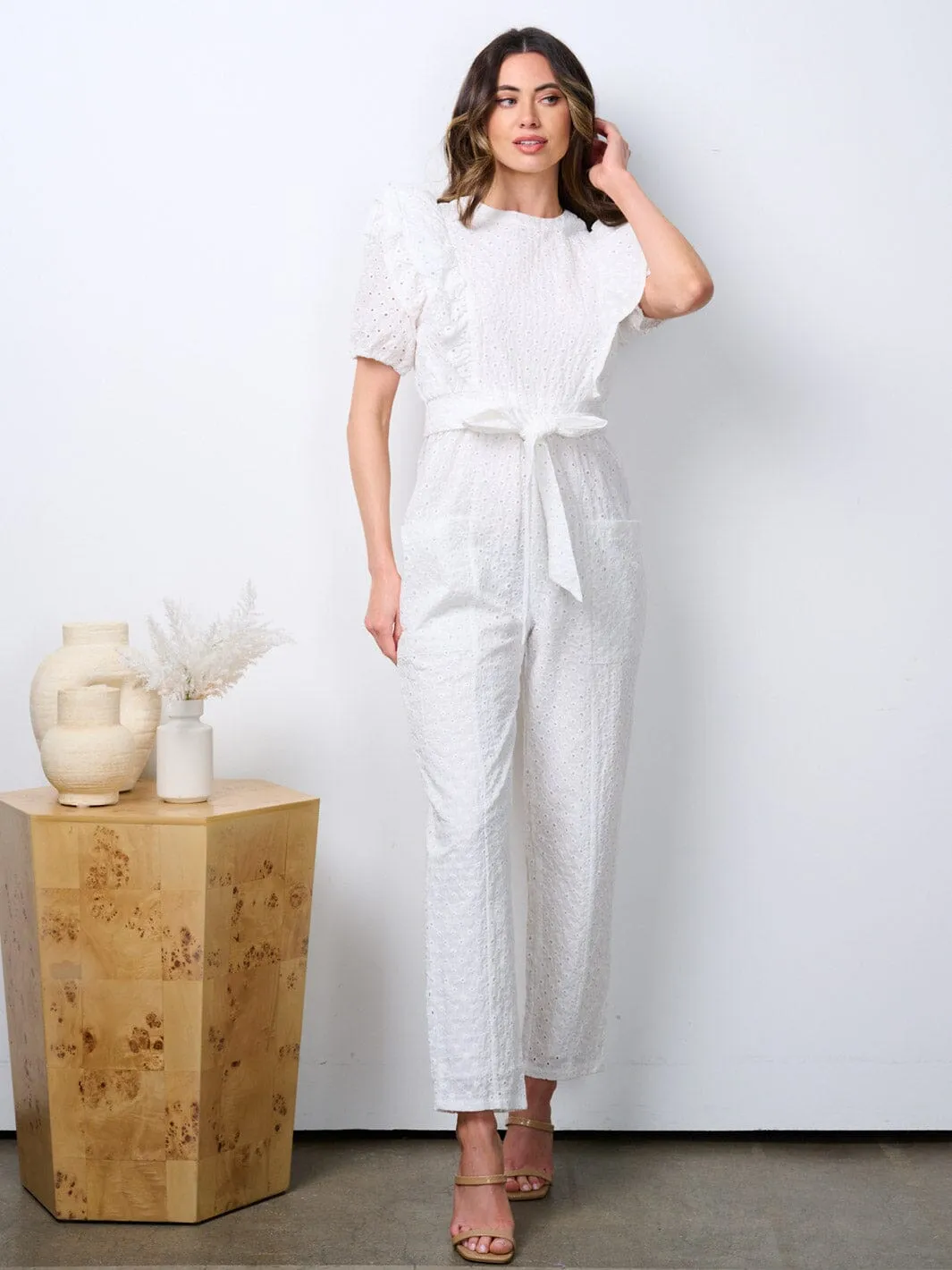 WOMEN'S SHORT PUFF SLEEVE POCKETS EYELET DETAILED WIDE LEG JUMPSUIT