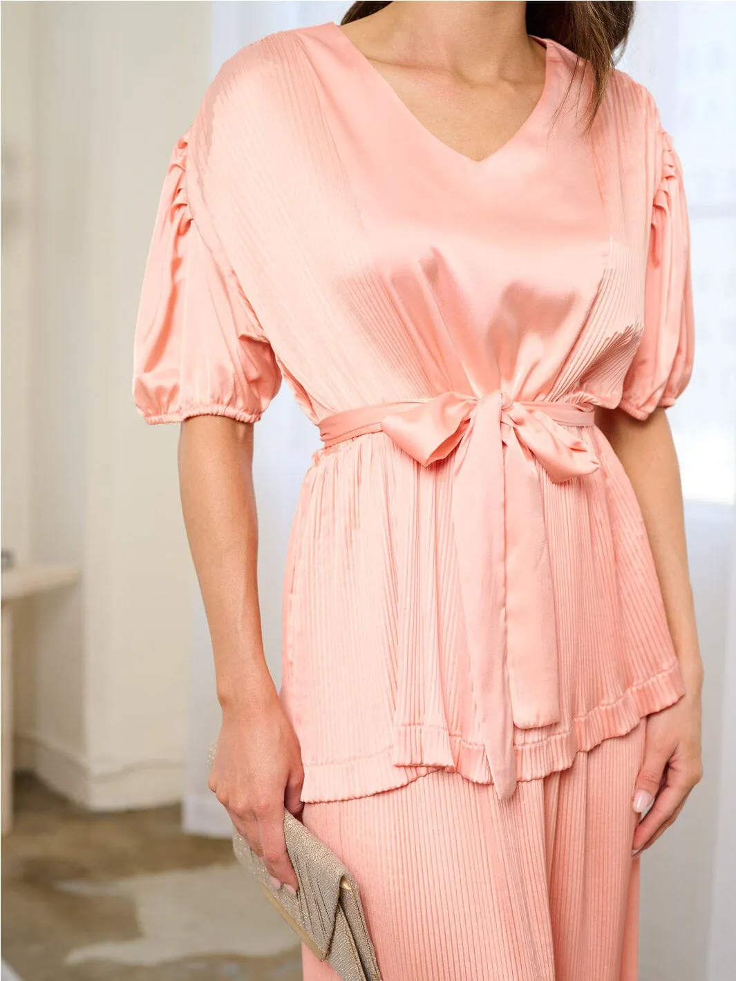 WOMEN'S SHORT SLEEVE BLOUSE & ELASTIC WAIST PANTS PLEATED 2PC. SET