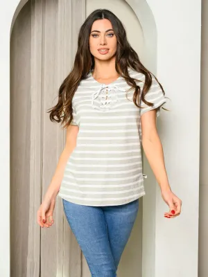 WOMEN'S SHORT SLEEVE FRONT LACE UP STRIPES TOP