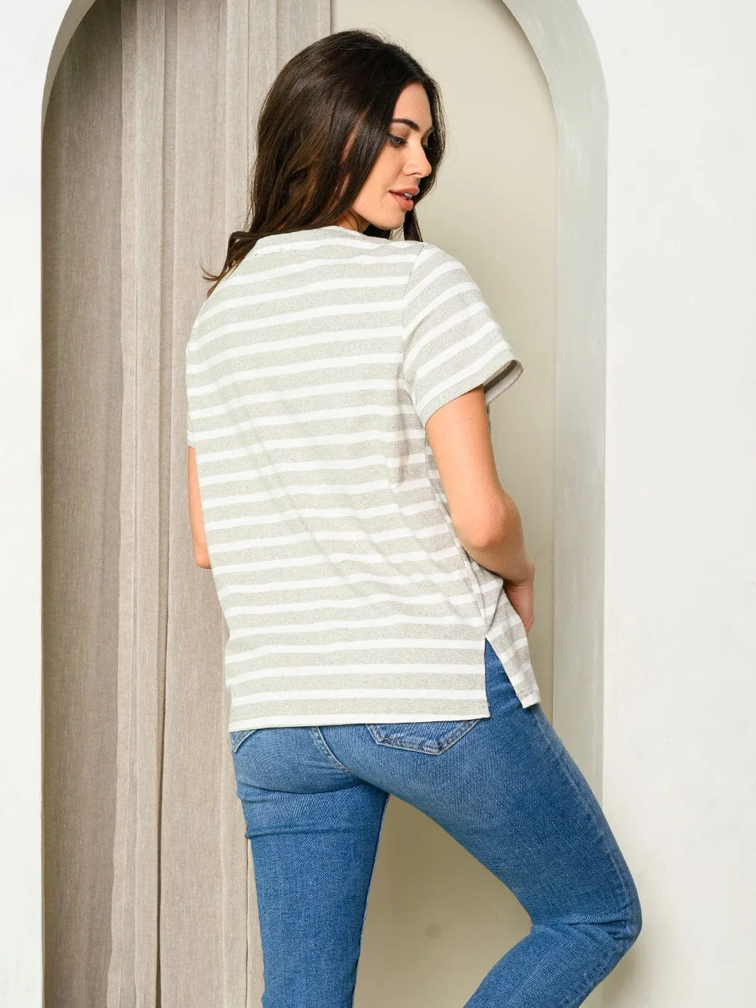 WOMEN'S SHORT SLEEVE FRONT LACE UP STRIPES TOP