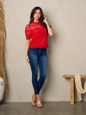 WOMEN'S SHORT SLEEVE LACE MOCK NECK LACE BLOUSE TOP