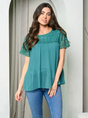 WOMEN'S SHORT SLEEVE LACE PLEATED TUNIC BLOUSE