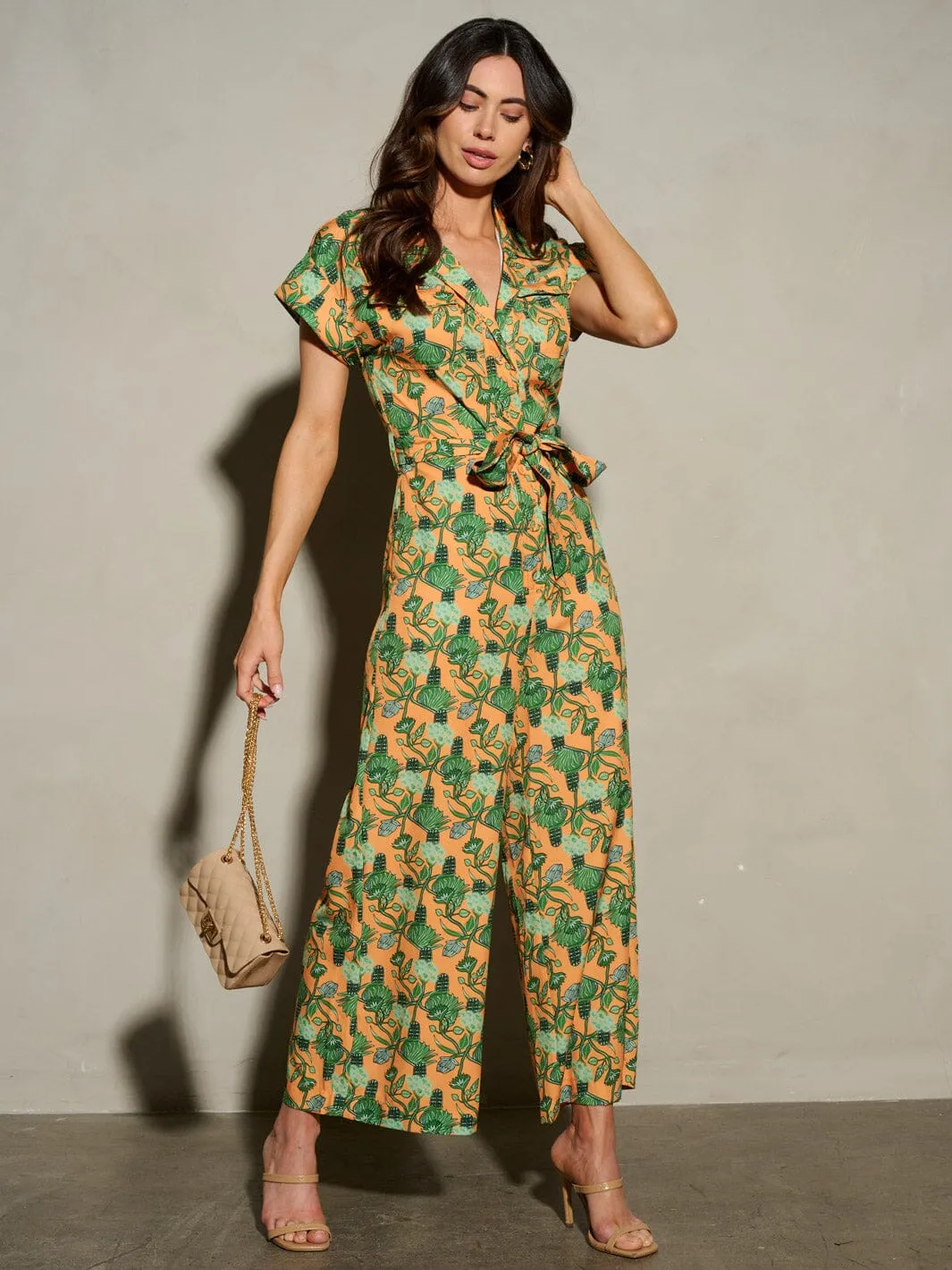 WOMEN'S SHORT SLEEVE SELF TIE FLORAL BUTTON UP JUMPSUIT